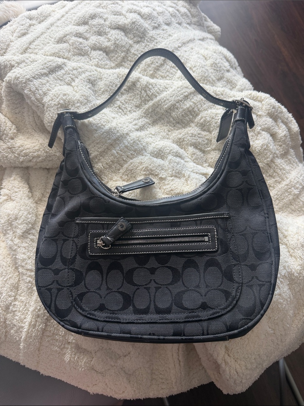 Coach Black Signature Jacquard Hobo Shoulder Bag